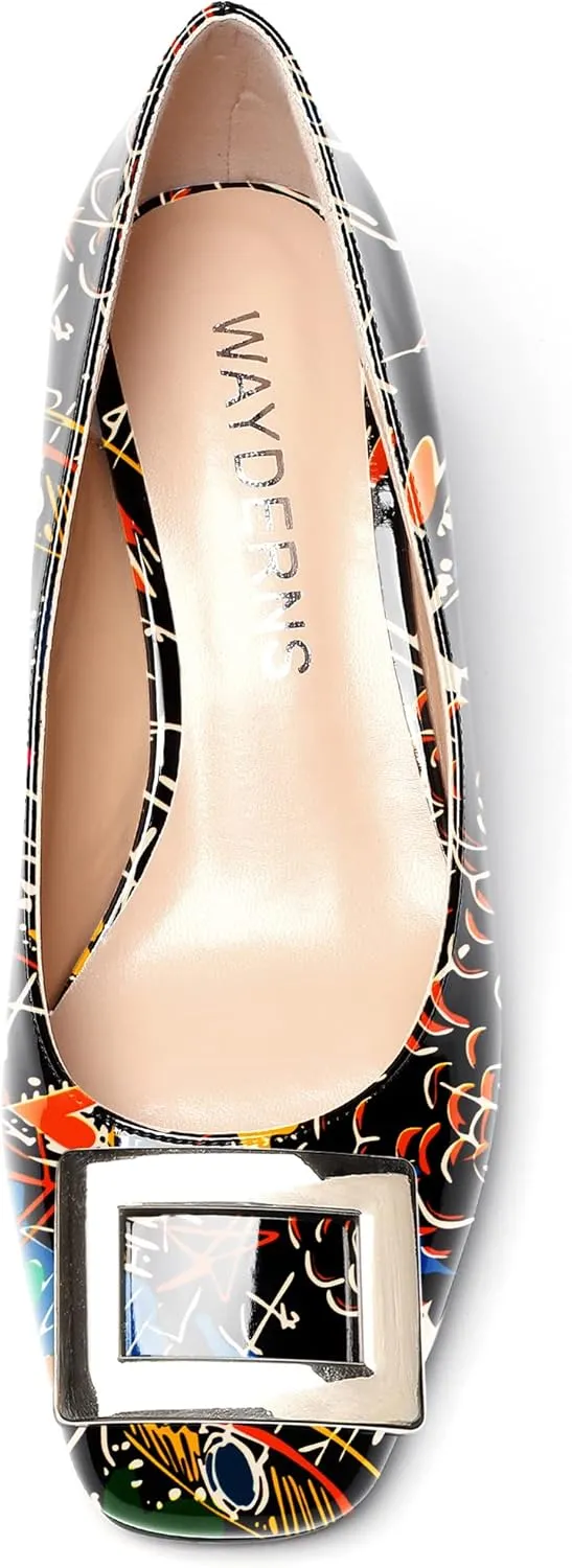 WAYDERNS Women's Patent Gold Metal Buckle Square Toe Slip On Wedge Low Heel Pumps Evening Dress Shoes 2 Inch
