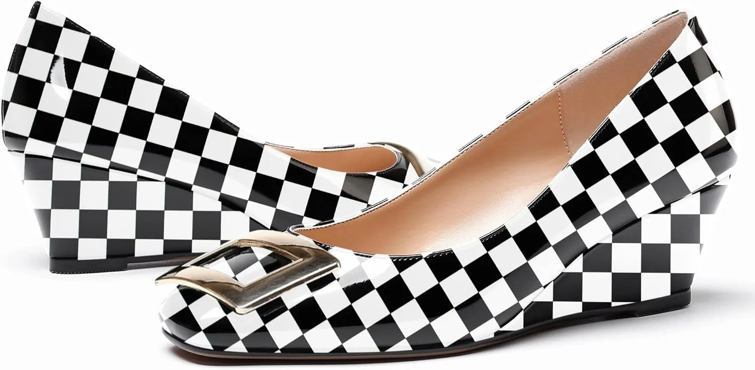 WAYDERNS Women's Patent Gold Metal Buckle Square Toe Slip On Wedge Low Heel Pumps Evening Dress Shoes 2 Inch