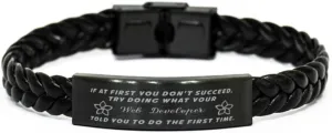 Web Developer Braided Leather Bracelet, If at first you don't succeed, try doing what your athletic trainer told you to do the first time., Laser Engraved, Stainless Steel Wristband
