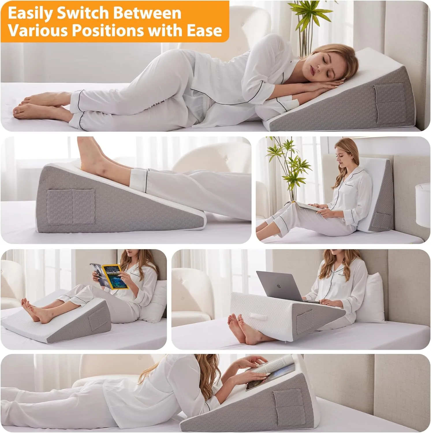 Wedge Pillow for Acid Reflux, Bed Wedge Pillow for Headboard 10", Pillow Wedge for Back Pain Relief, Post Surgery, Elevated Pillows for Sleeping, Snoring, Triangle Pillow with Cover, White