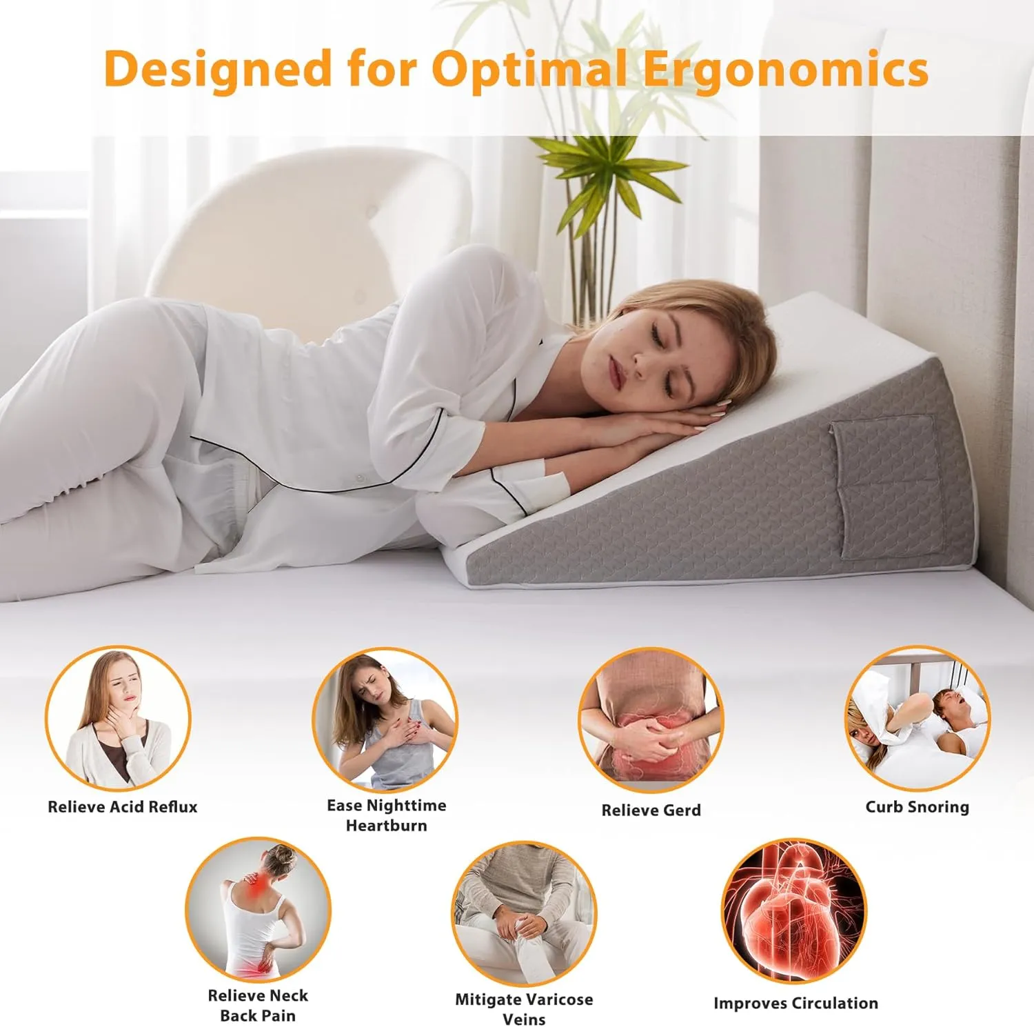 Wedge Pillow for Acid Reflux, Bed Wedge Pillow for Headboard 10", Pillow Wedge for Back Pain Relief, Post Surgery, Elevated Pillows for Sleeping, Snoring, Triangle Pillow with Cover, White