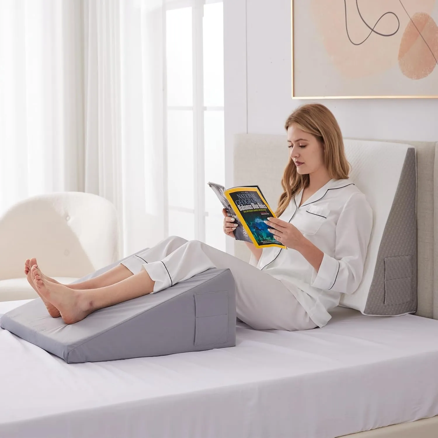 Wedge Pillow for Acid Reflux, Bed Wedge Pillow for Headboard 10", Pillow Wedge for Back Pain Relief, Post Surgery, Elevated Pillows for Sleeping, Snoring, Triangle Pillow with Cover, White