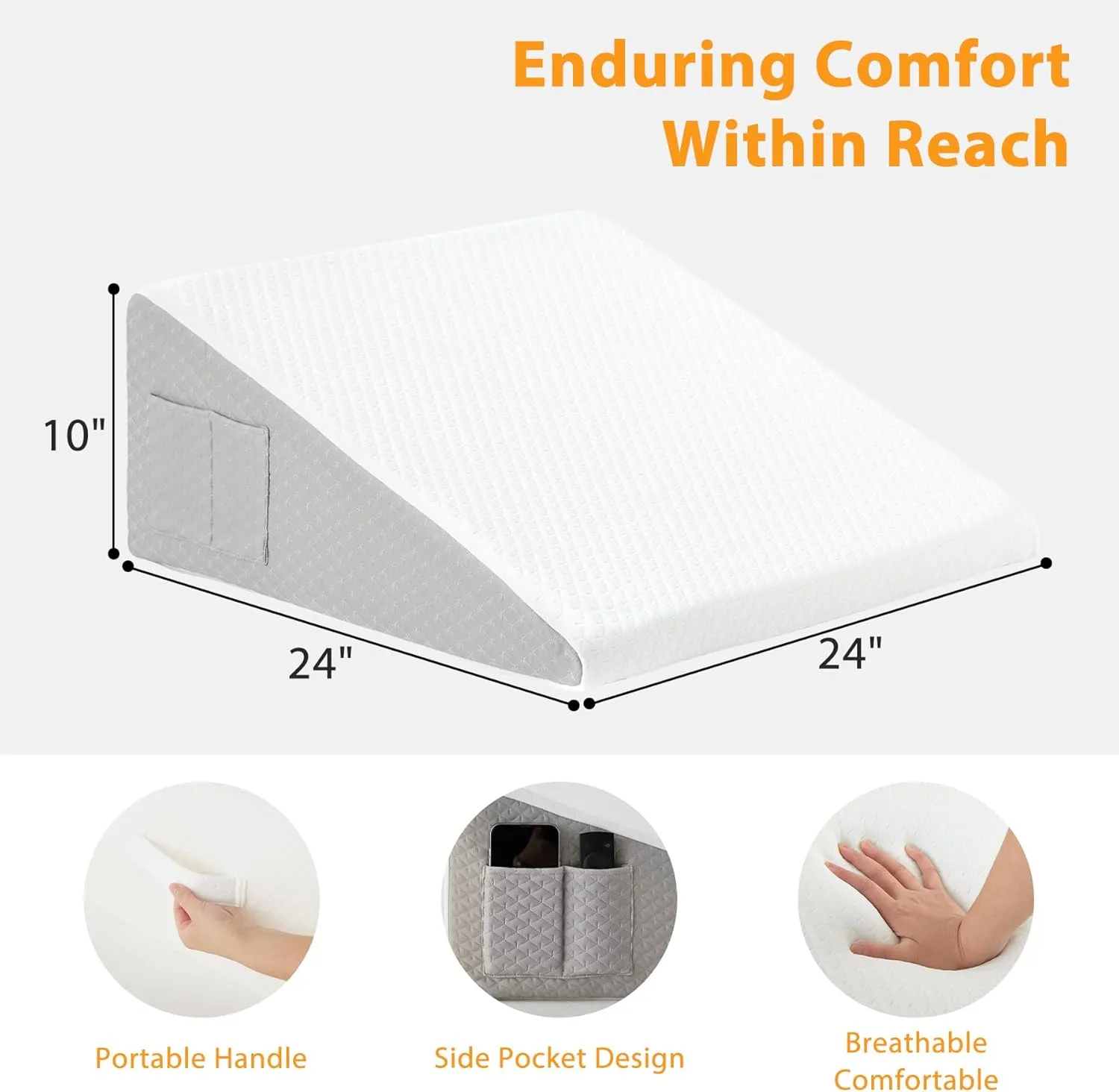 Wedge Pillow for Acid Reflux, Bed Wedge Pillow for Headboard 10", Pillow Wedge for Back Pain Relief, Post Surgery, Elevated Pillows for Sleeping, Snoring, Triangle Pillow with Cover, White