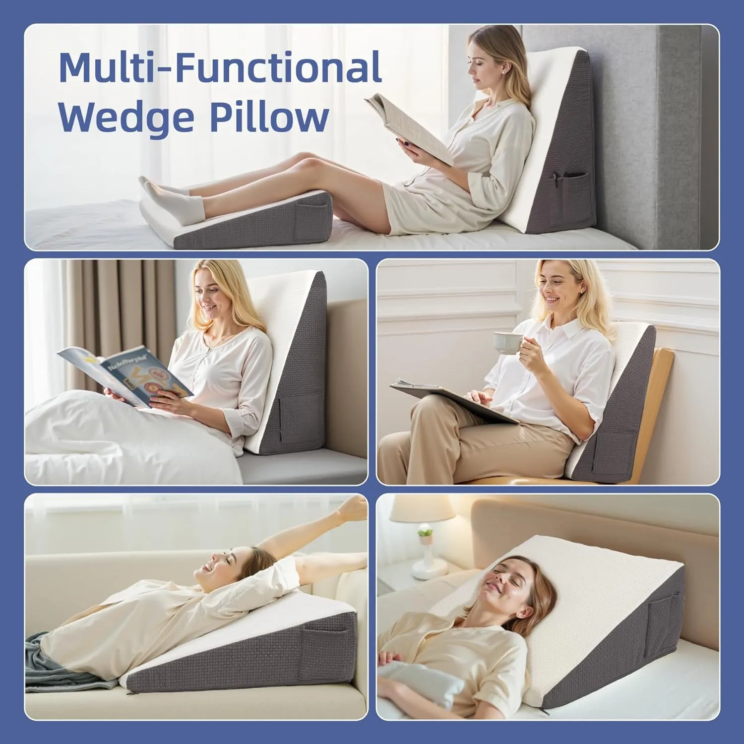 Wedge Pillow for Headboard, 10’’ Triangle Elevated Bed Wedge Pillow for Acid Reflux Relief, Sleeping, Post Surgery, Back Pain Relief, Snoring, Soft Memory Foam Top & Washable Breathable Cover, Grey