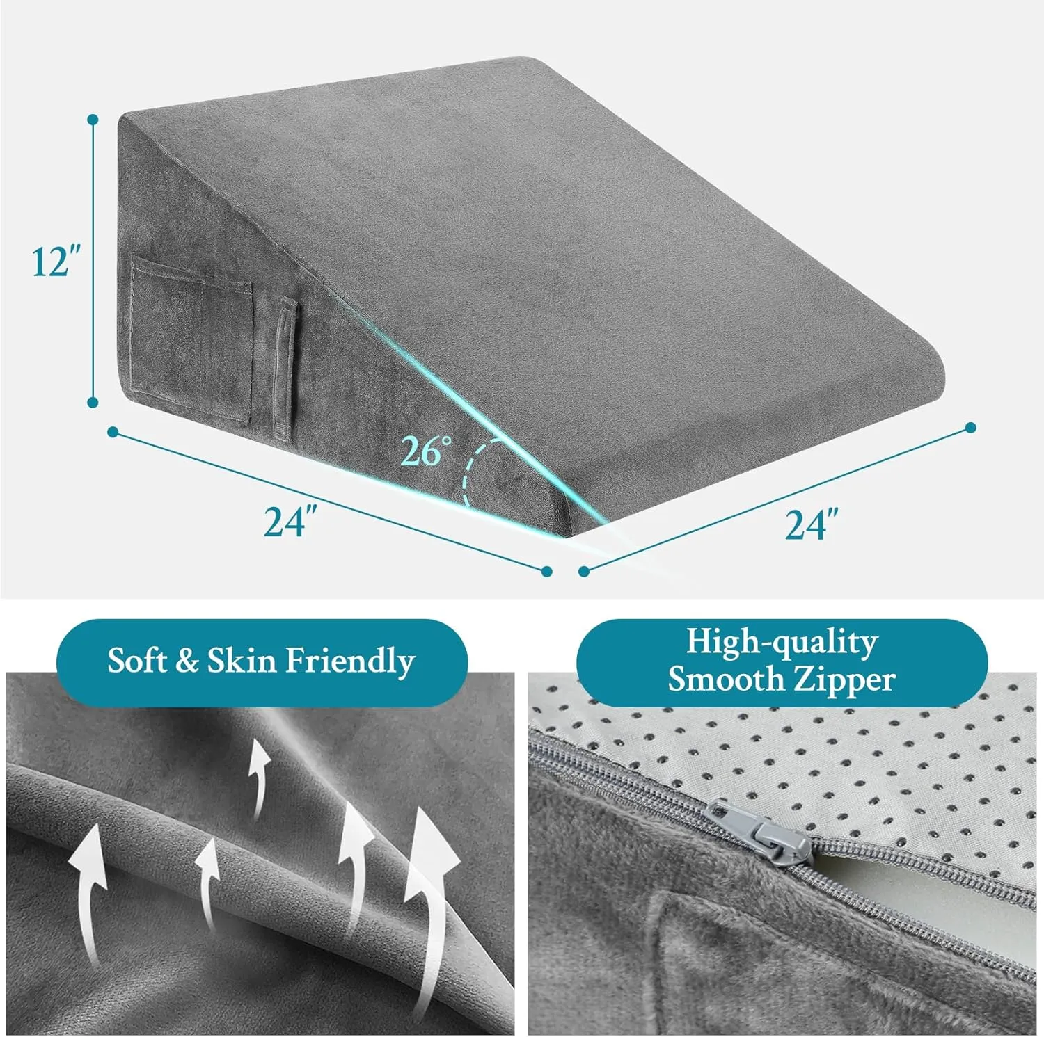 Wedge Pillow for Sleeping, 12" Bed Wedge Pillow for After Surgery, Triangle Pillow Wedge for Heartburn, Acid Reflux, GERD, Back Pain Relief, Neck Pain, Soft & Cooling Memory Foam Top