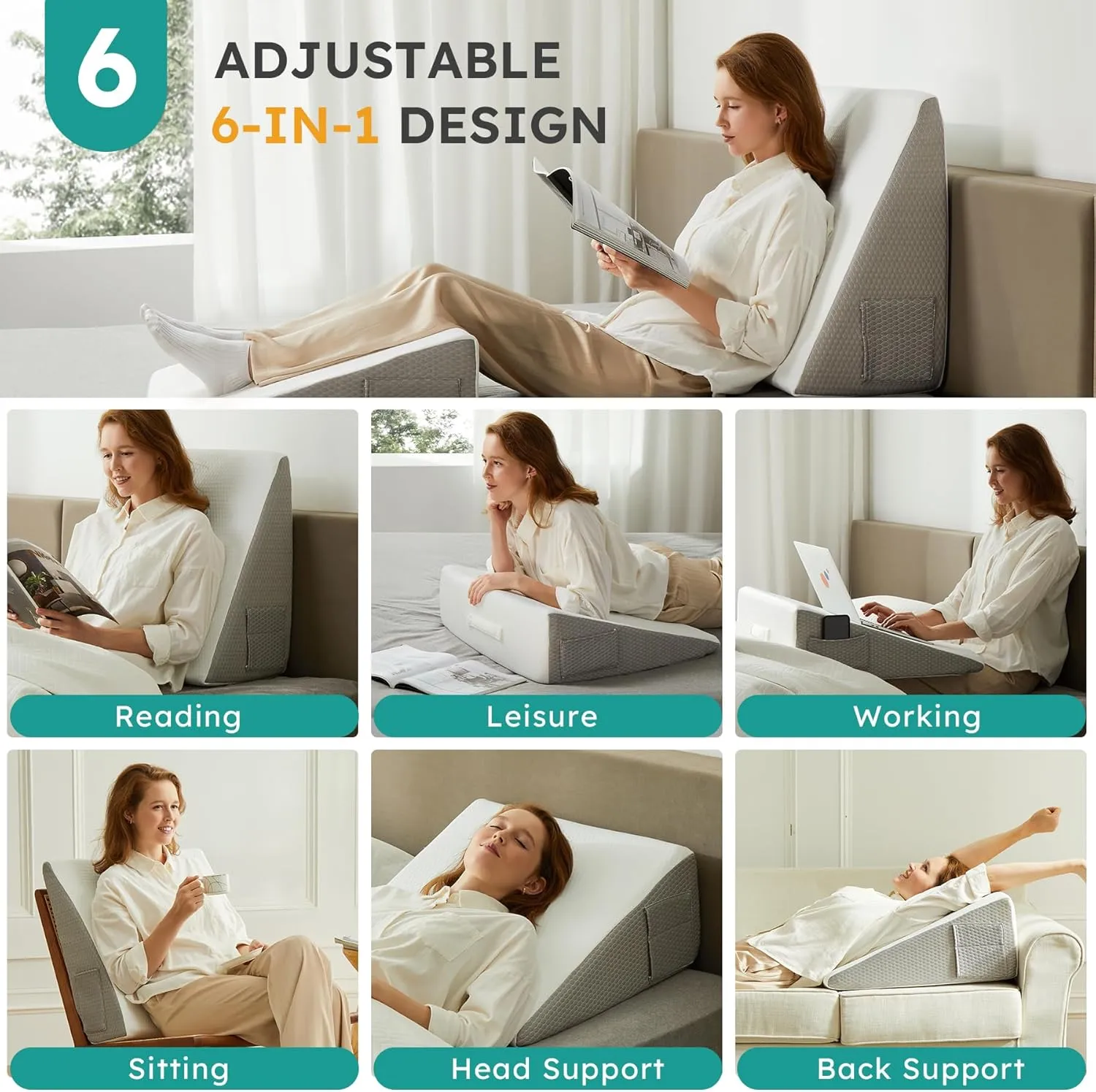 Wedge Pillow for Sleeping, 8 inch Bed Wedge Pillow, Elevated Body Pillow for Back Support, Acid Reflux, Leg, Neck Pain, Snoring, Triangle Pillow Wedge - Cooling Memory Foam Top, White/Grey