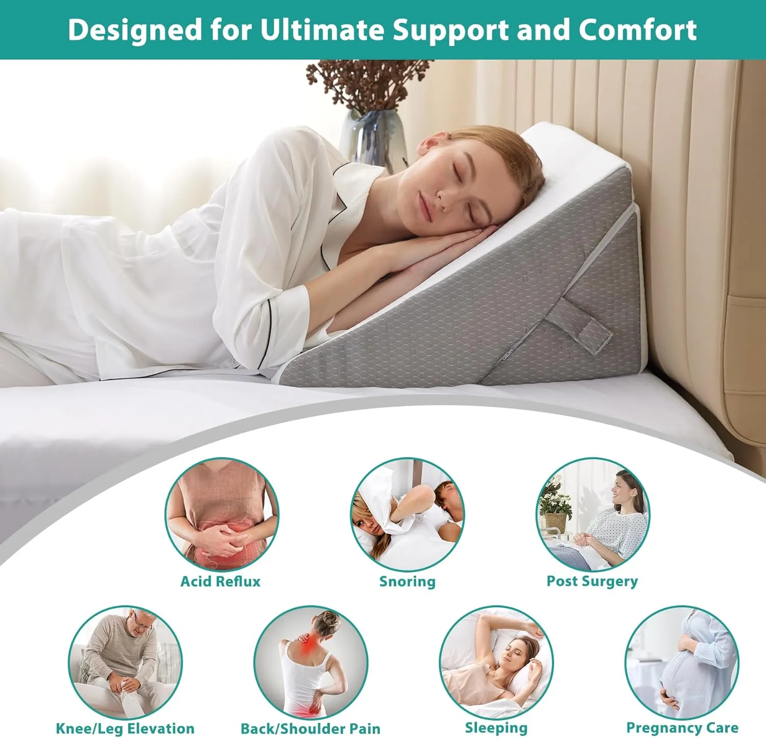 Wedge Pillow for Sleeping, Adjustable 9&12 Inch Foldable Bed Wedge Pillow Set, Orthopedic Memory Foam Triangle Pillows Wedge, 7-in-1 Elevated Pillows for Leg and Back Support, White/Grey