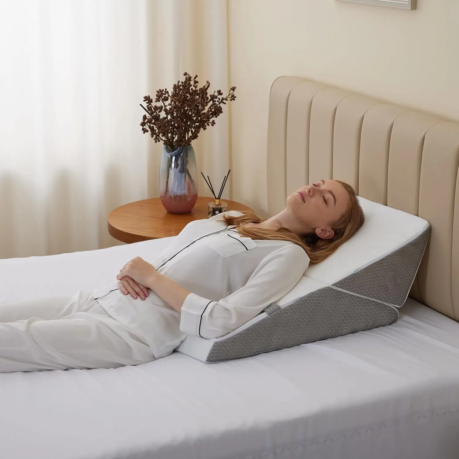 Wedge Pillow for Sleeping, Adjustable 9&12 Inch Foldable Bed Wedge Pillow Set, Orthopedic Memory Foam Triangle Pillows Wedge, 7-in-1 Elevated Pillows for Leg and Back Support, White/Grey
