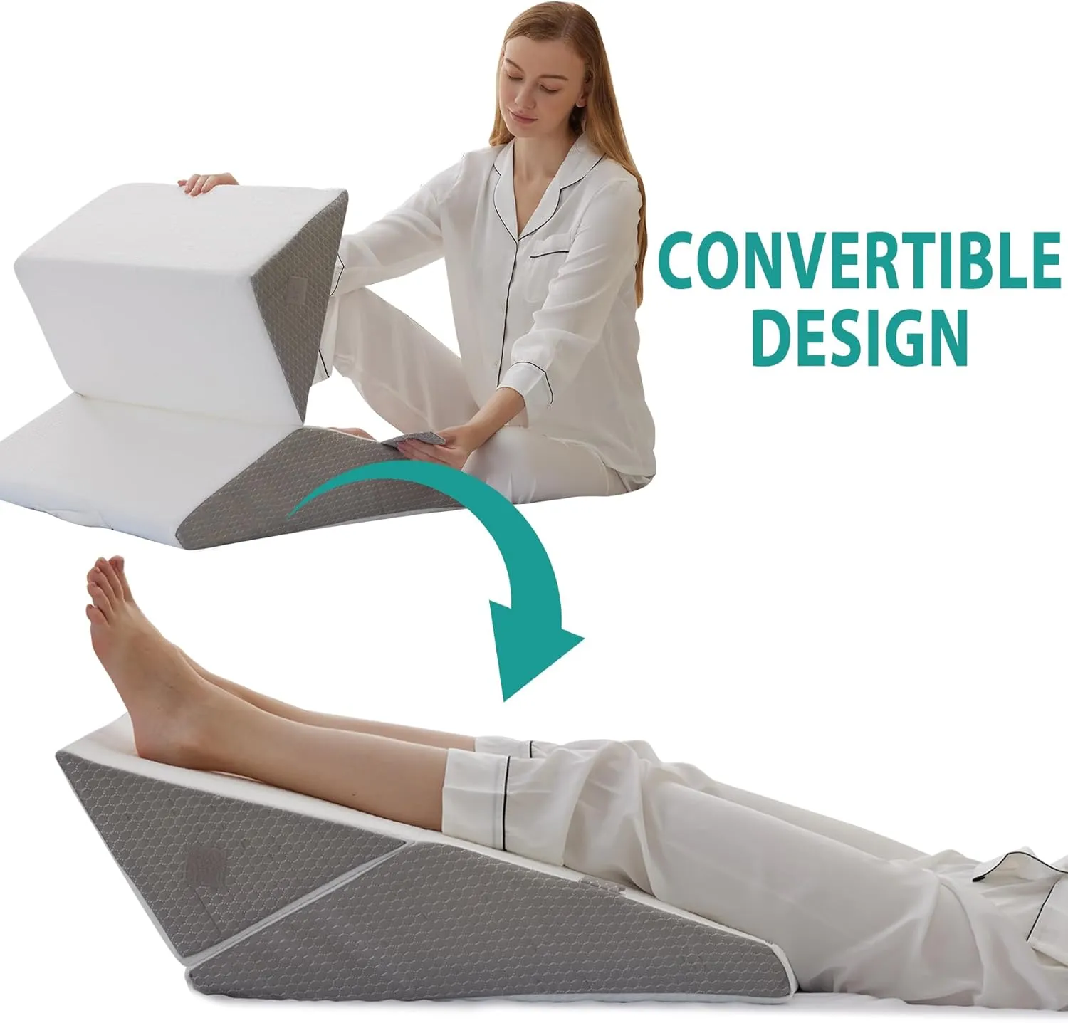 Wedge Pillow for Sleeping, Adjustable 9&12 Inch Foldable Bed Wedge Pillow Set, Orthopedic Memory Foam Triangle Pillows Wedge, 7-in-1 Elevated Pillows for Leg and Back Support, White/Grey