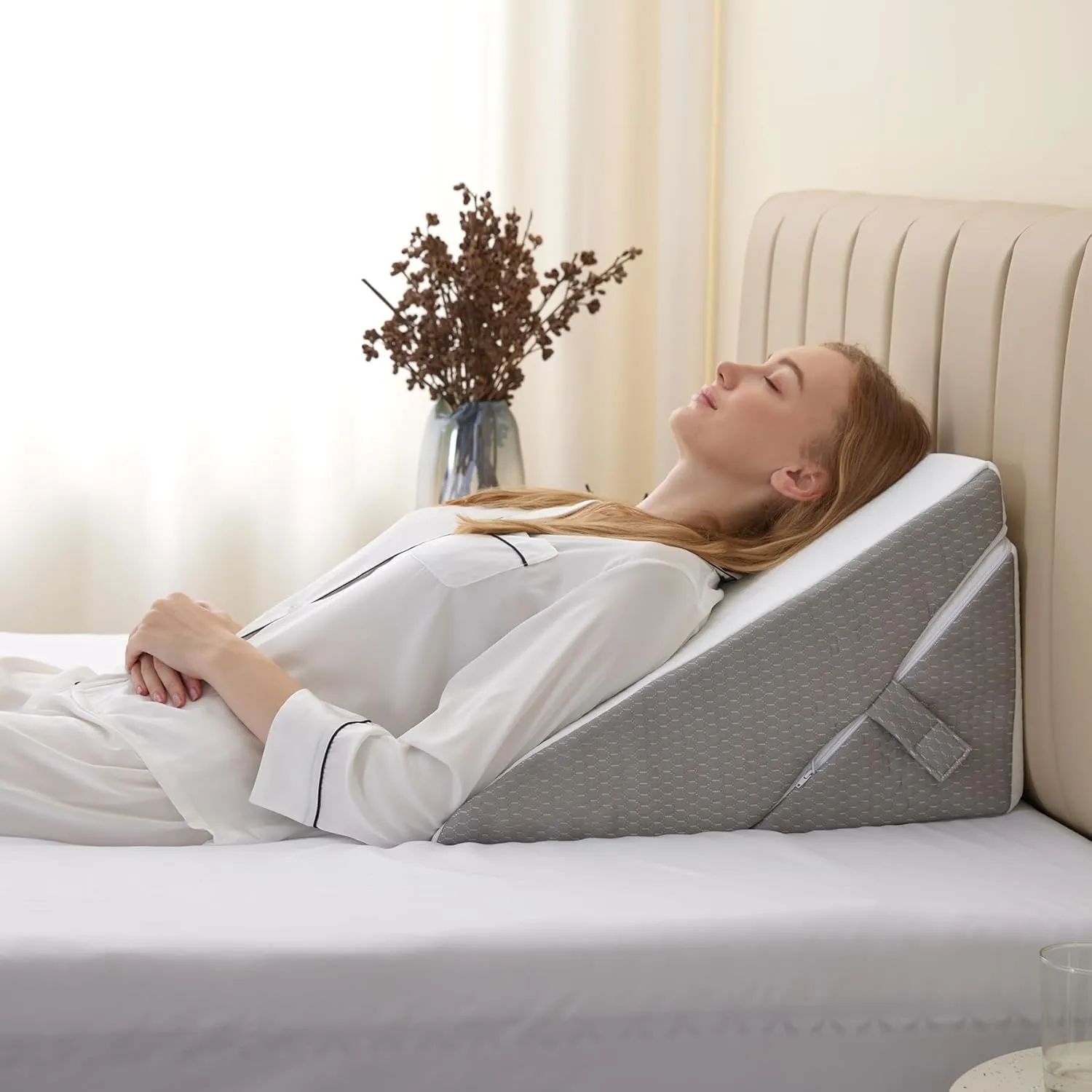 Wedge Pillow for Sleeping, Adjustable 9&12 Inch Foldable Bed Wedge Pillow Set, Orthopedic Memory Foam Triangle Pillows Wedge, 7-in-1 Elevated Pillows for Leg and Back Support, White/Grey