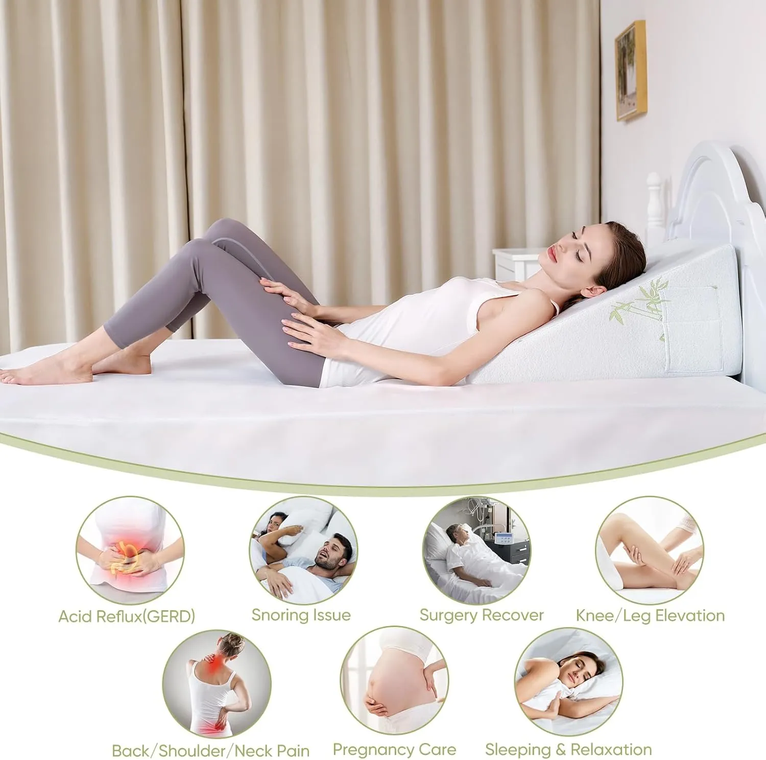Wedge Pillow for Sleeping After Surgery 7.5" Bed Wedge Pillow with Memory Foam Top, Help with Acid Reflux Heartburn Snore Back Leg Knee Pain, Soft Comfortable, Breathable Machine Wash Cover