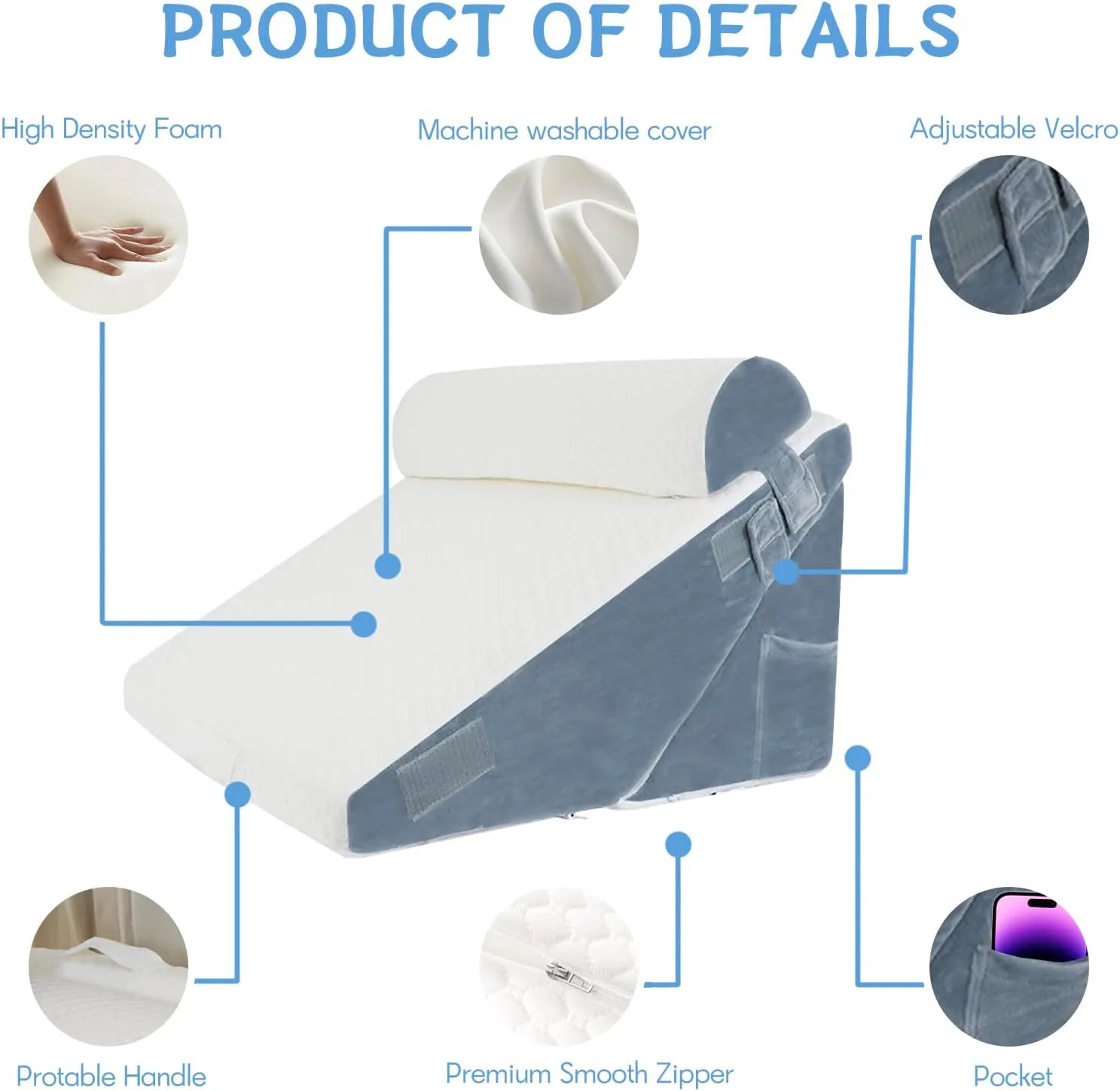 Wedge Pillow Headboard Memory Foam Adjustable 3PC Bed Wedge Pillow Set for Sleep Apnea, Acid Reflux, Snoring, Post Surgery Recovery and Back Pain Relief, Blue