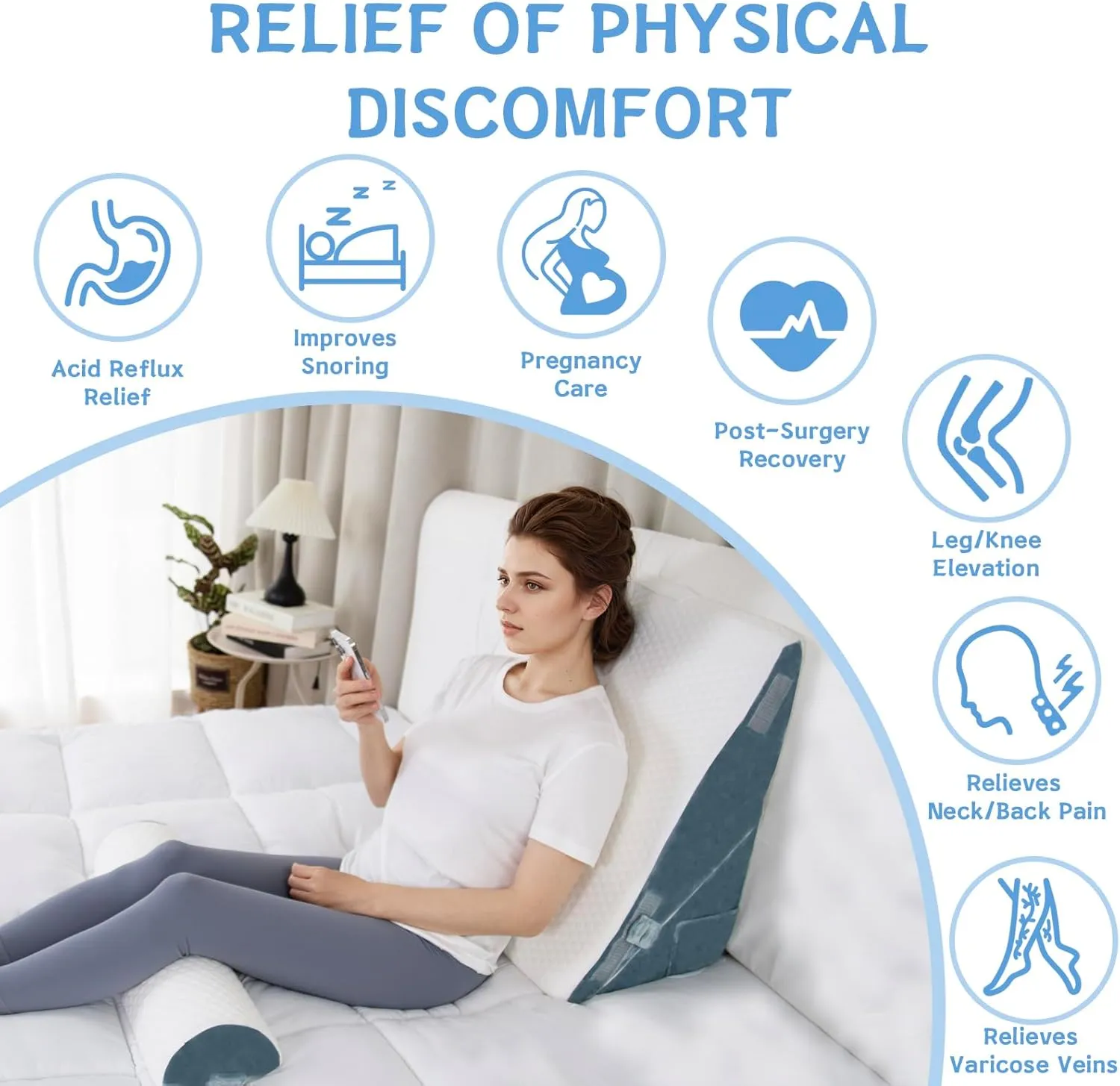 Wedge Pillow Headboard Memory Foam Adjustable 3PC Bed Wedge Pillow Set for Sleep Apnea, Acid Reflux, Snoring, Post Surgery Recovery and Back Pain Relief, Blue