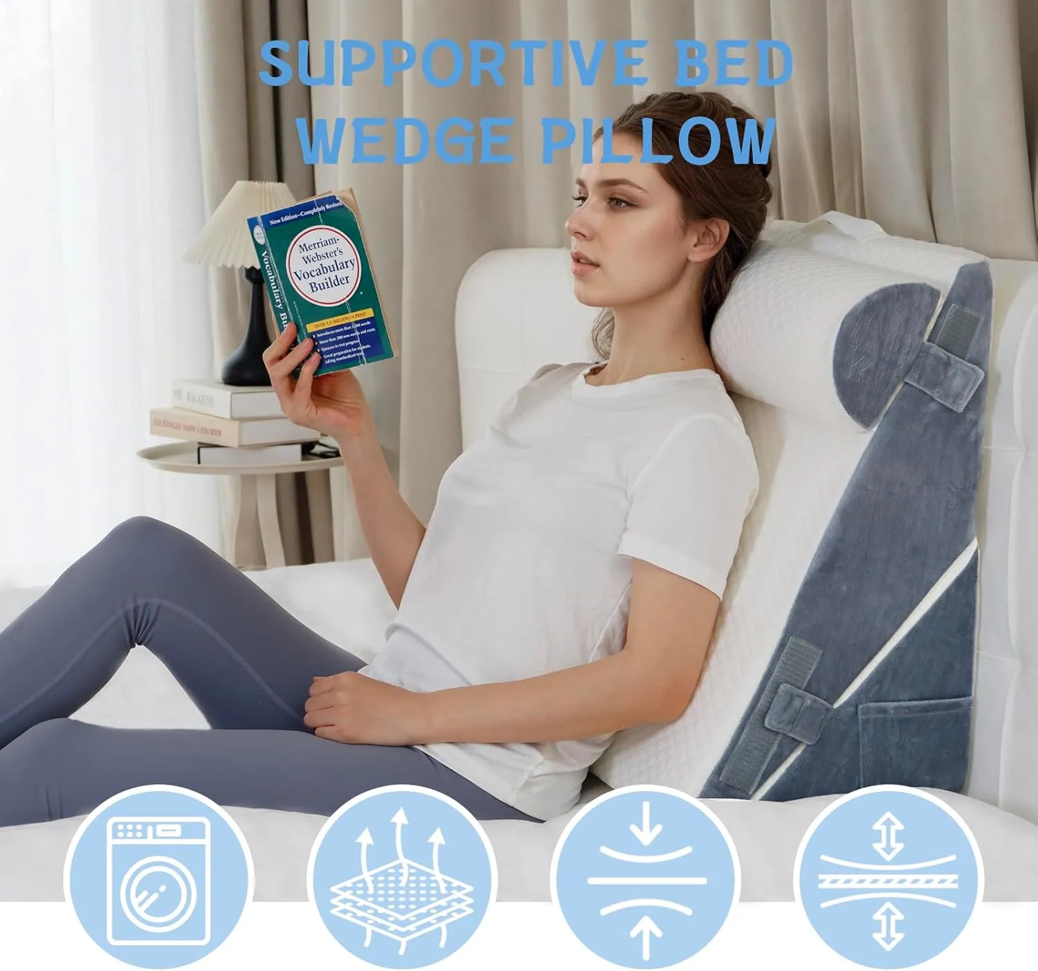 Wedge Pillow Headboard Memory Foam Adjustable 3PC Bed Wedge Pillow Set for Sleep Apnea, Acid Reflux, Snoring, Post Surgery Recovery and Back Pain Relief, Blue
