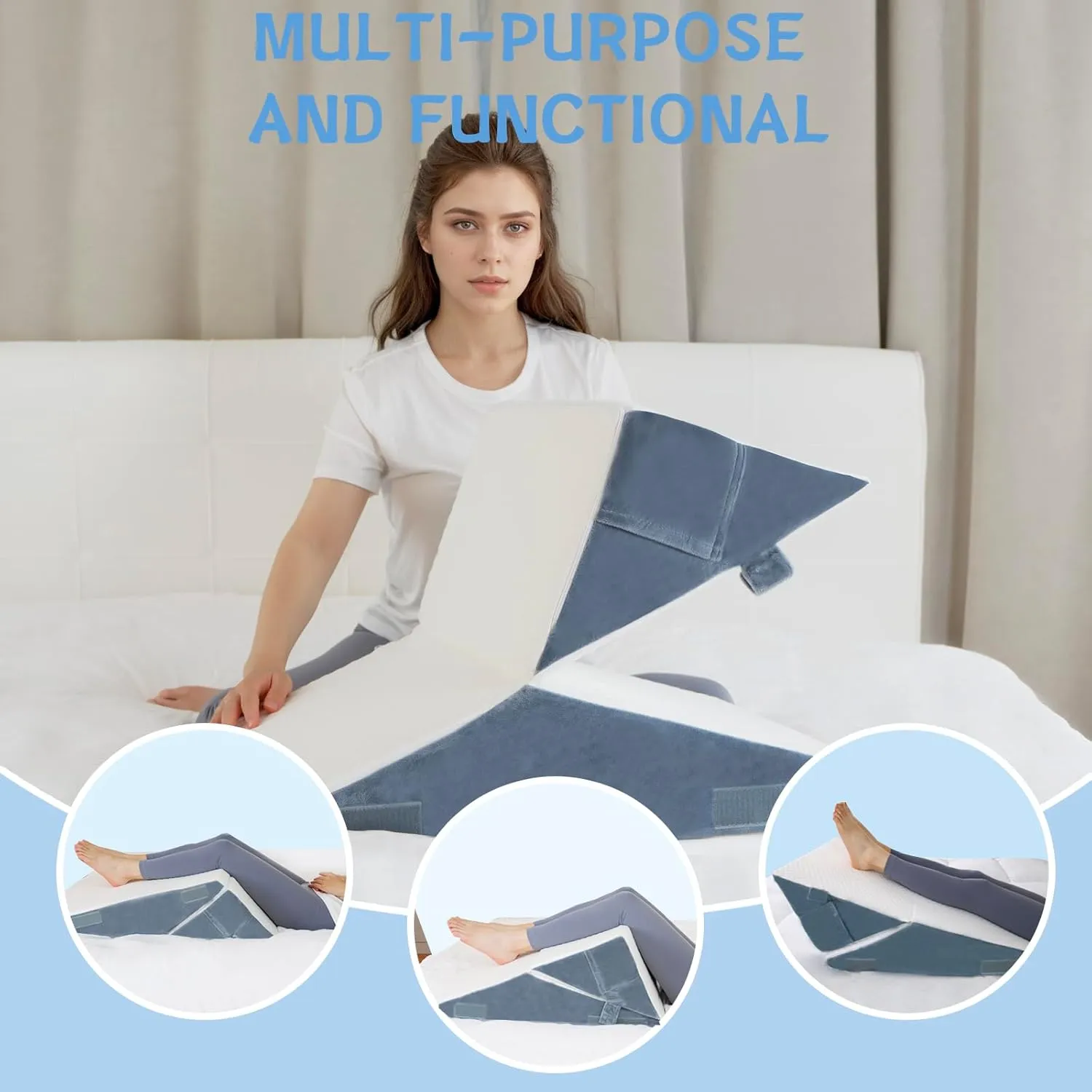 Wedge Pillow Headboard Memory Foam Adjustable 3PC Bed Wedge Pillow Set for Sleep Apnea, Acid Reflux, Snoring, Post Surgery Recovery and Back Pain Relief, Blue
