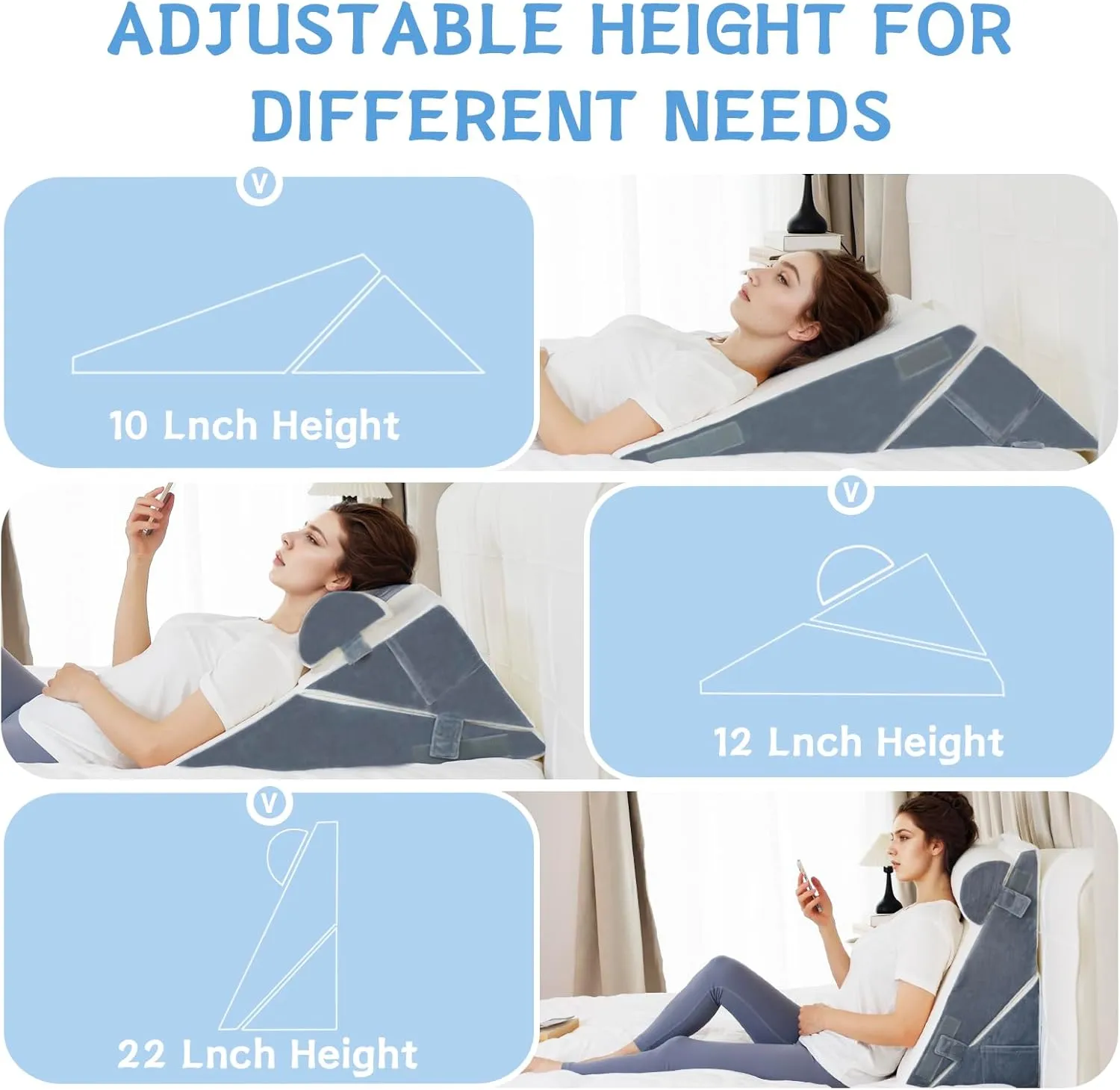 Wedge Pillow Headboard Memory Foam Adjustable 3PC Bed Wedge Pillow Set for Sleep Apnea, Acid Reflux, Snoring, Post Surgery Recovery and Back Pain Relief, Blue