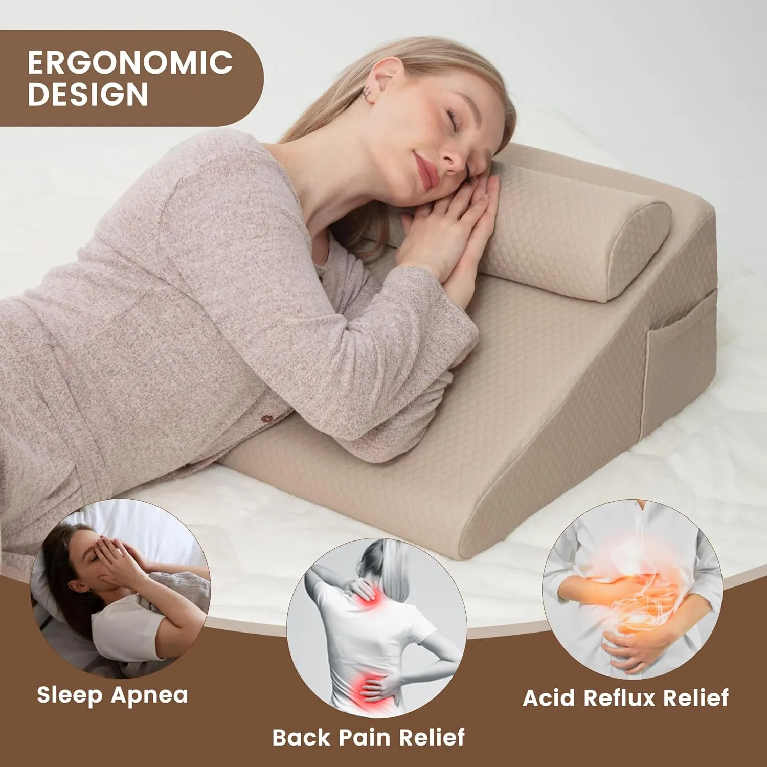 Wedge Pillow with Extra Bolster, Bed Wedge Pillow for Sleep Apnea, Acid Reflux Relief, Back Pain, After Surgery, 30 Degree Wedge Pillow for Sleeping Foam Wedge Cushion for Headboard