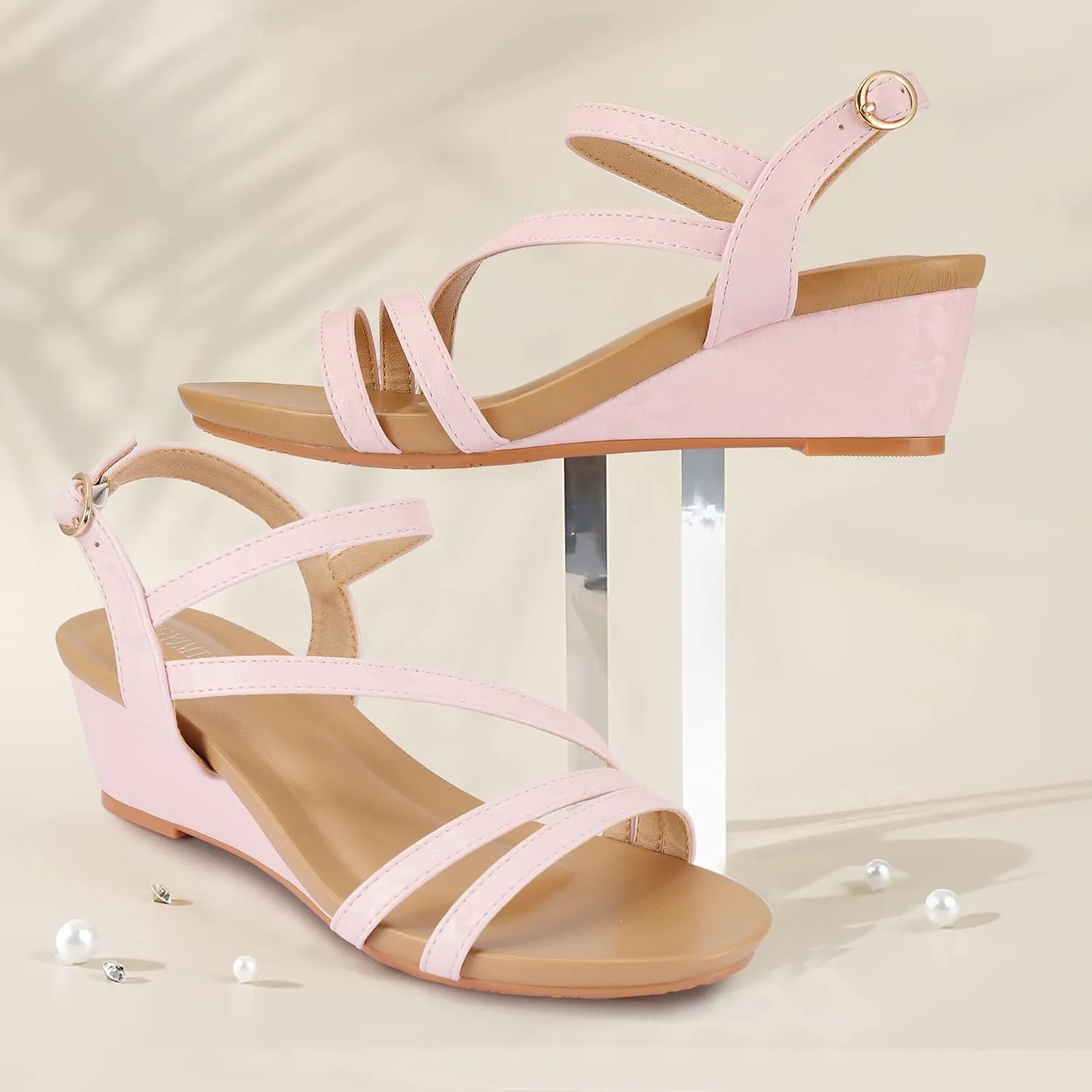 Wedge Sandals for Women Dress Elastic Ankle Strap Rhinestone Sandals Summer Comfortable Shoe