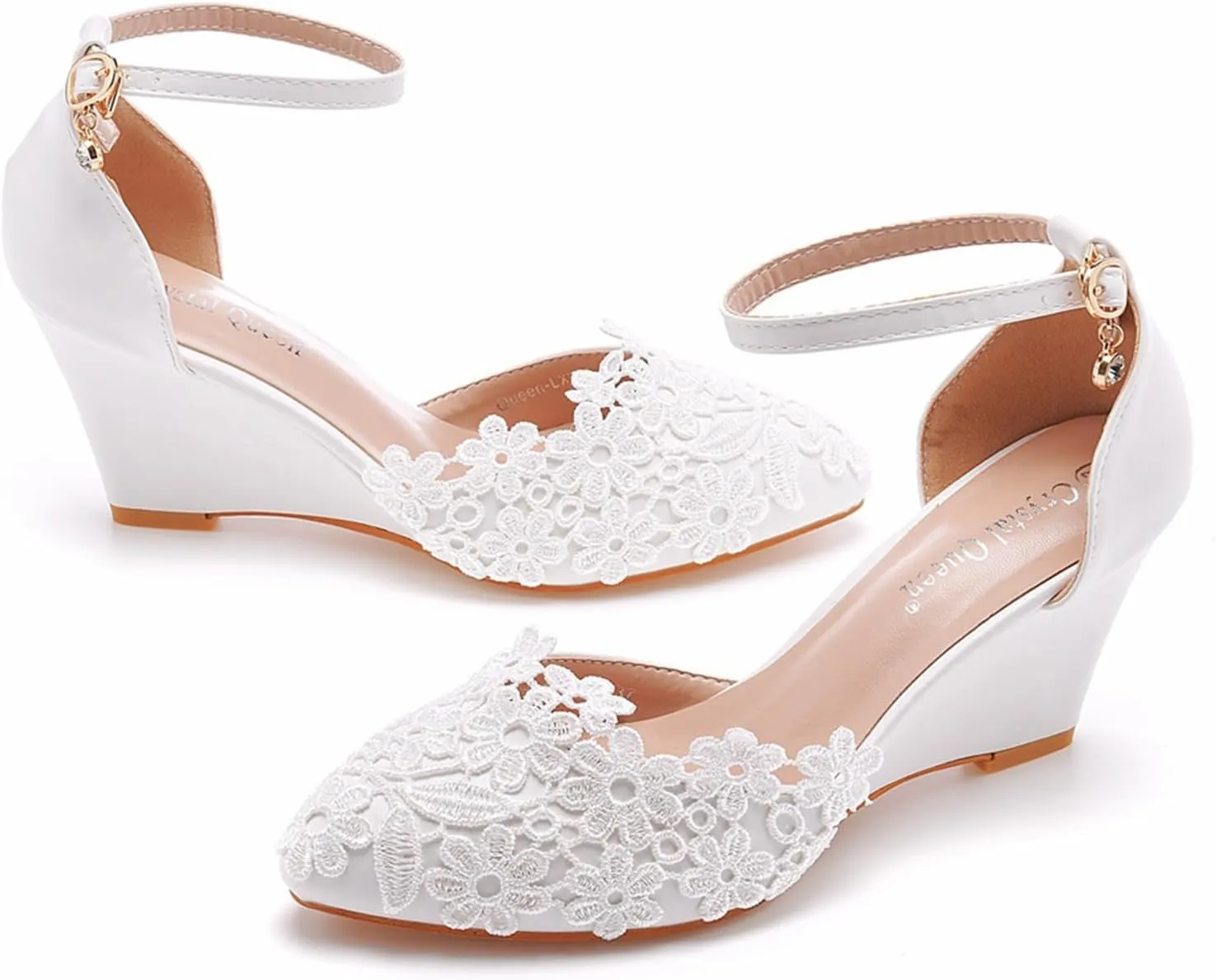 Wedges Lace Bride Shoes for Women, Women's Wedge Comfortable Closed Toe White Wedding Shoes Women Pumps Dress Shoes 7Cm