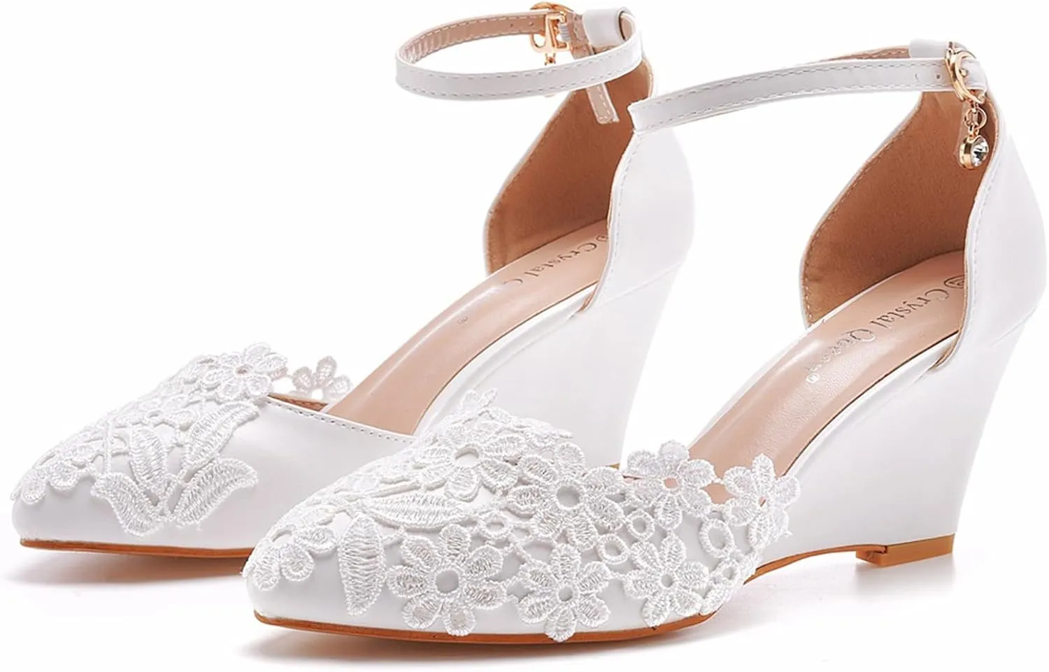 Wedges Lace Bride Shoes for Women, Women's Wedge Comfortable Closed Toe White Wedding Shoes Women Pumps Dress Shoes 7Cm