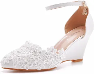 Wedges Lace Bride Shoes for Women, Women's Wedge Comfortable Closed Toe White Wedding Shoes Women Pumps Dress Shoes 7Cm