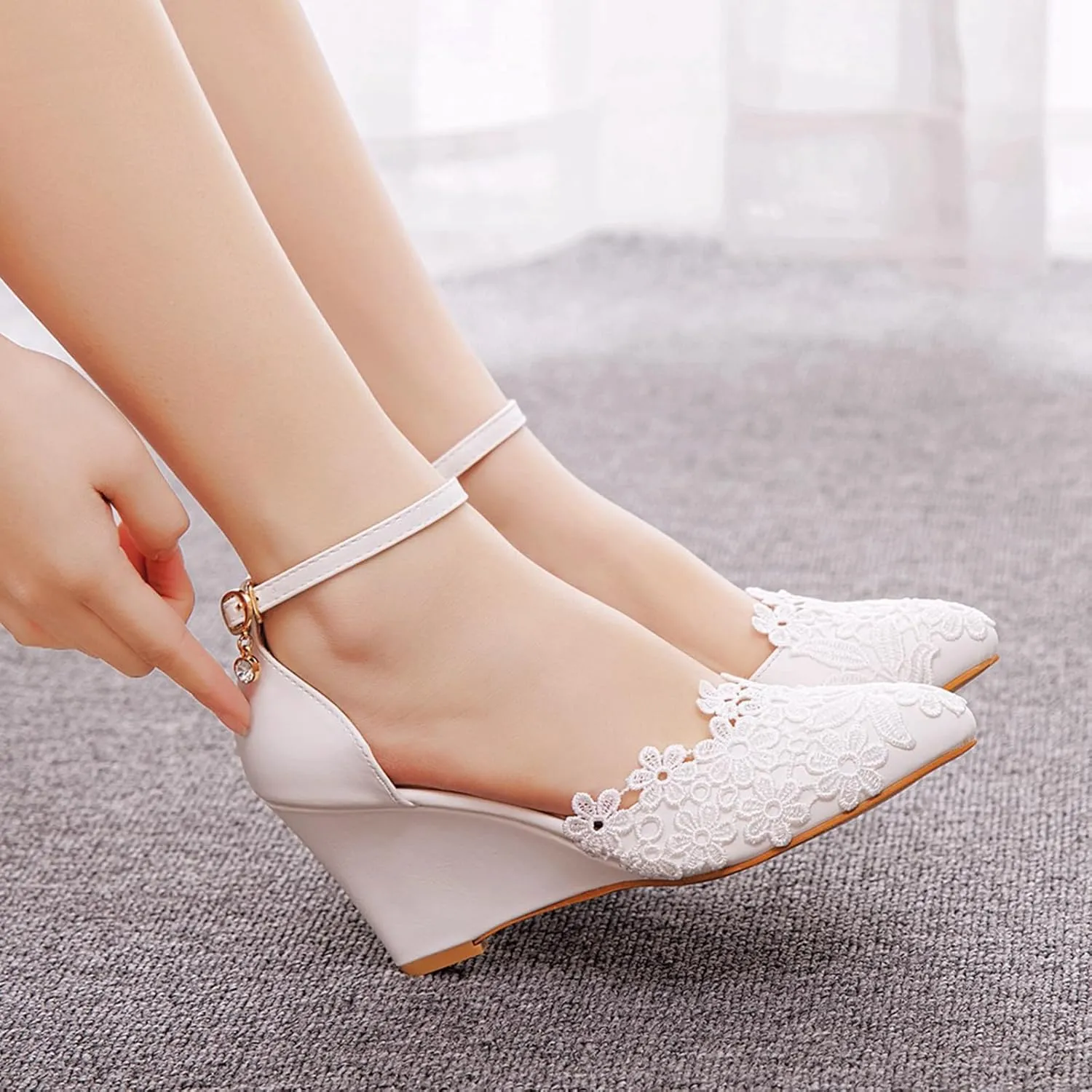 Wedges Lace Bride Shoes for Women, Women's Wedge Comfortable Closed Toe White Wedding Shoes Women Pumps Dress Shoes 7Cm