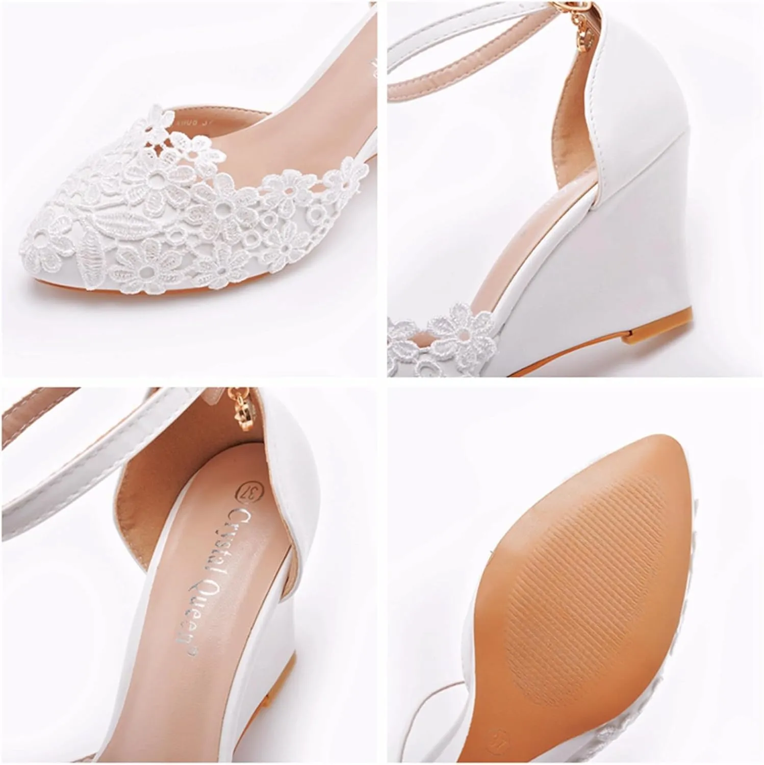 Wedges Lace Bride Shoes for Women, Women's Wedge Comfortable Closed Toe White Wedding Shoes Women Pumps Dress Shoes 7Cm