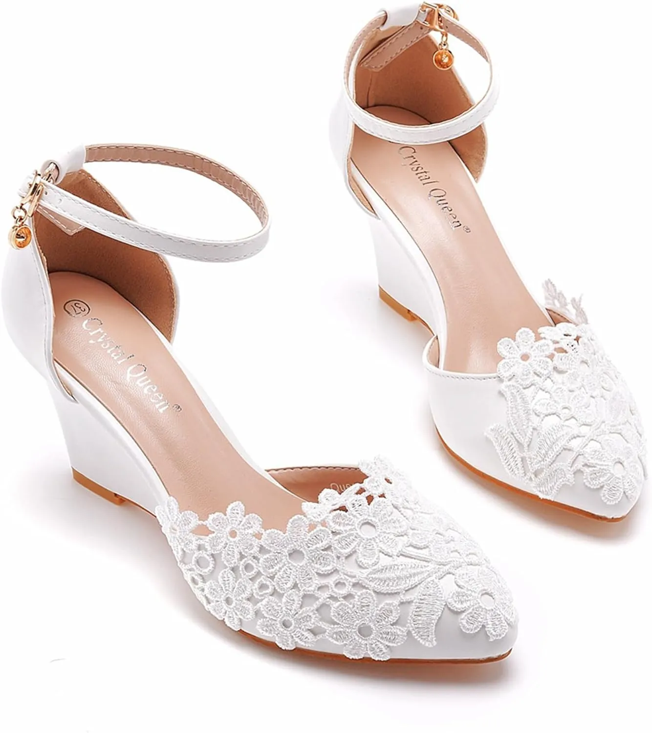 Wedges Lace Bride Shoes for Women, Women's Wedge Comfortable Closed Toe White Wedding Shoes Women Pumps Dress Shoes 7Cm