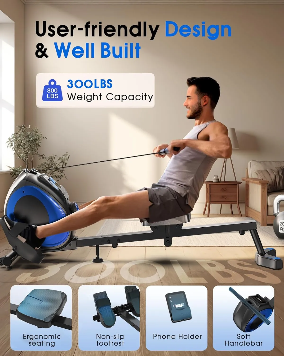 WELLFIT Rowing Machine, Magnetic Rower Machine for Home, Compact Upright Storage Rower for Small Space, 8 Levels Adjustable Resistance, 300lbs Weight Capacity, Works with Kinomap