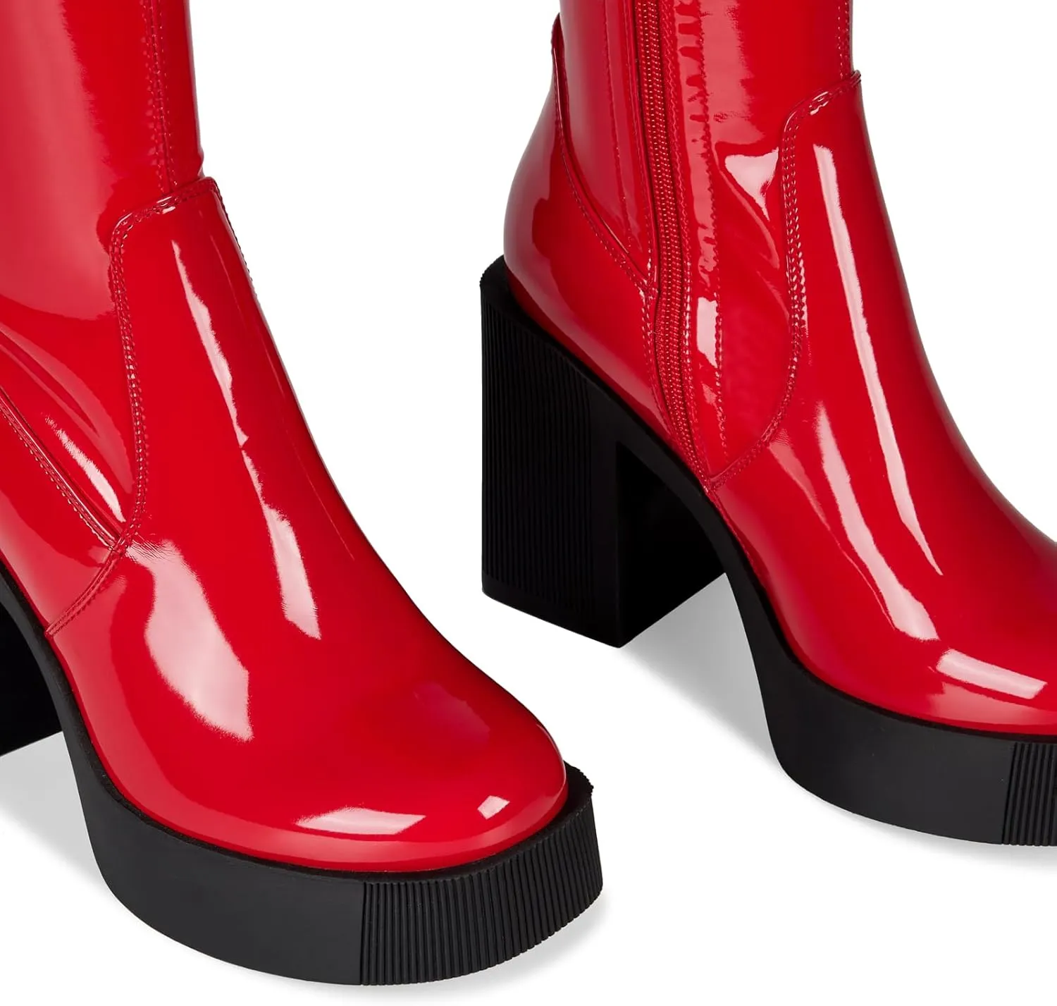 wetkiss Platform Knee High Boots Women Chunky High Heel Black Boots for Women Gogo Boot with Side Zipper Stretchy Boot Not for Bigger Wide Calf