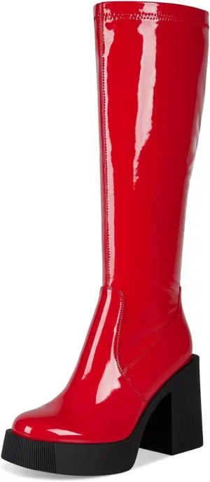 wetkiss Platform Knee High Boots Women Chunky High Heel Black Boots for Women Gogo Boot with Side Zipper Stretchy Boot Not for Bigger Wide Calf