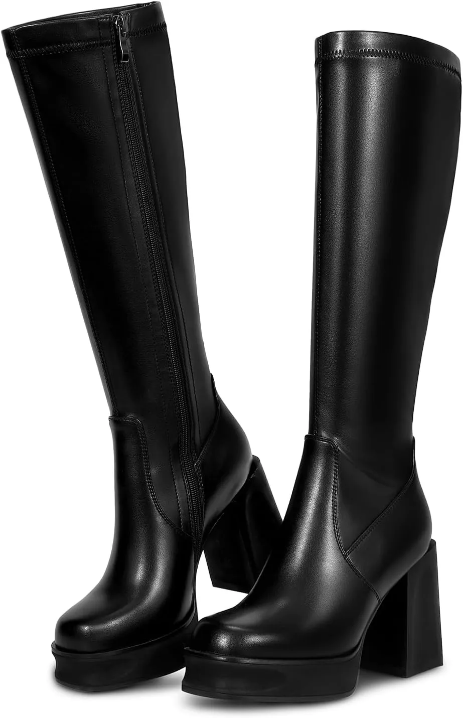 wetkiss Platform Knee High Boots Women Chunky High Heel Black Boots for Women Gogo Boot with Side Zipper Stretchy Boot Not for Bigger Wide Calf