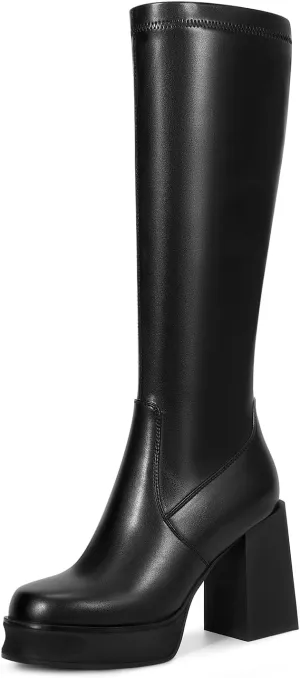 wetkiss Platform Knee High Boots Women Chunky High Heel Black Boots for Women Gogo Boot with Side Zipper Stretchy Boot Not for Bigger Wide Calf