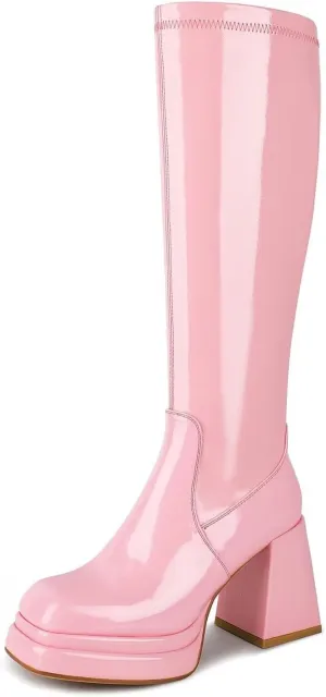 wetkiss Platform Knee High Boots Women Chunky High Heel Black Boots for Women Gogo Boot with Side Zipper Stretchy Boot Not for Bigger Wide Calf