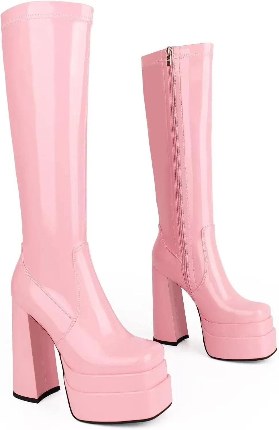 wetkiss Platform Knee High Boots Women Chunky High Heel Black Boots for Women Gogo Boot with Side Zipper Stretchy Boot Not for Bigger Wide Calf