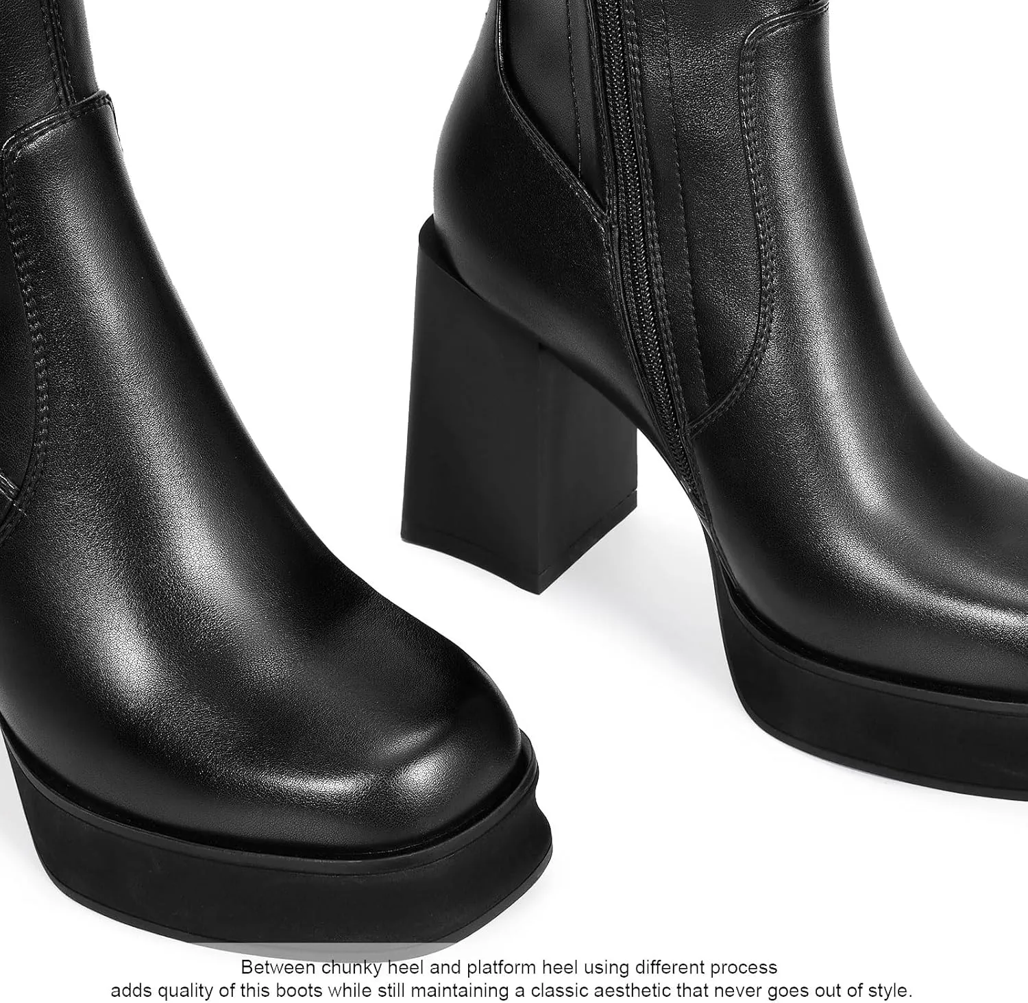 wetkiss Platform Knee High Boots Women Chunky High Heel Black Boots for Women Gogo Boot with Side Zipper Stretchy Boot Not for Bigger Wide Calf