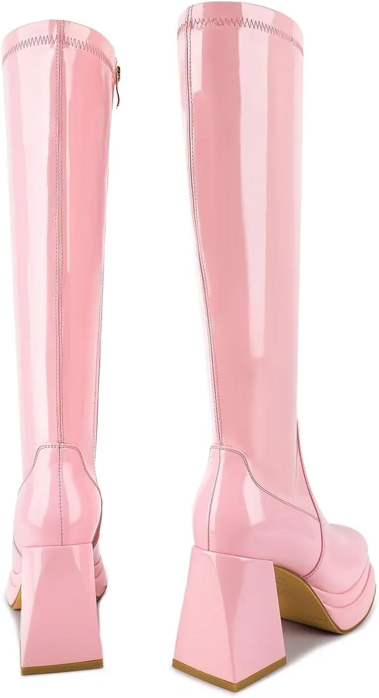 wetkiss Platform Knee High Boots Women Chunky High Heel Black Boots for Women Gogo Boot with Side Zipper Stretchy Boot Not for Bigger Wide Calf