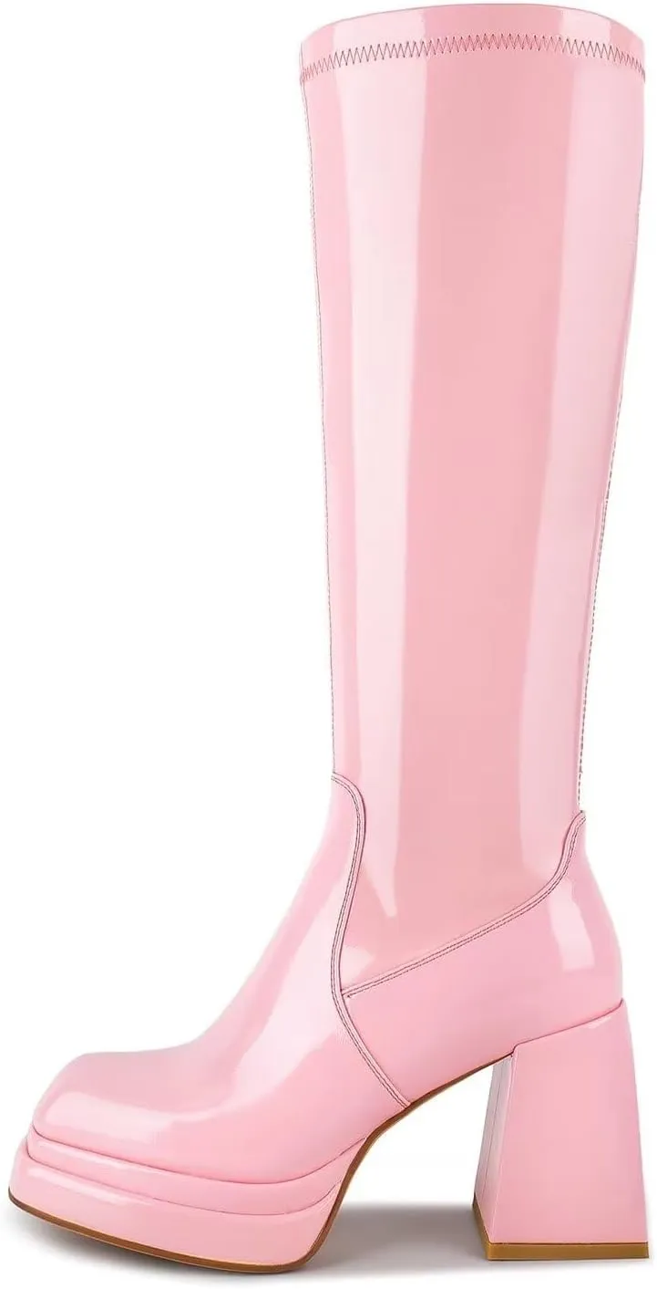 wetkiss Platform Knee High Boots Women Chunky High Heel Black Boots for Women Gogo Boot with Side Zipper Stretchy Boot Not for Bigger Wide Calf