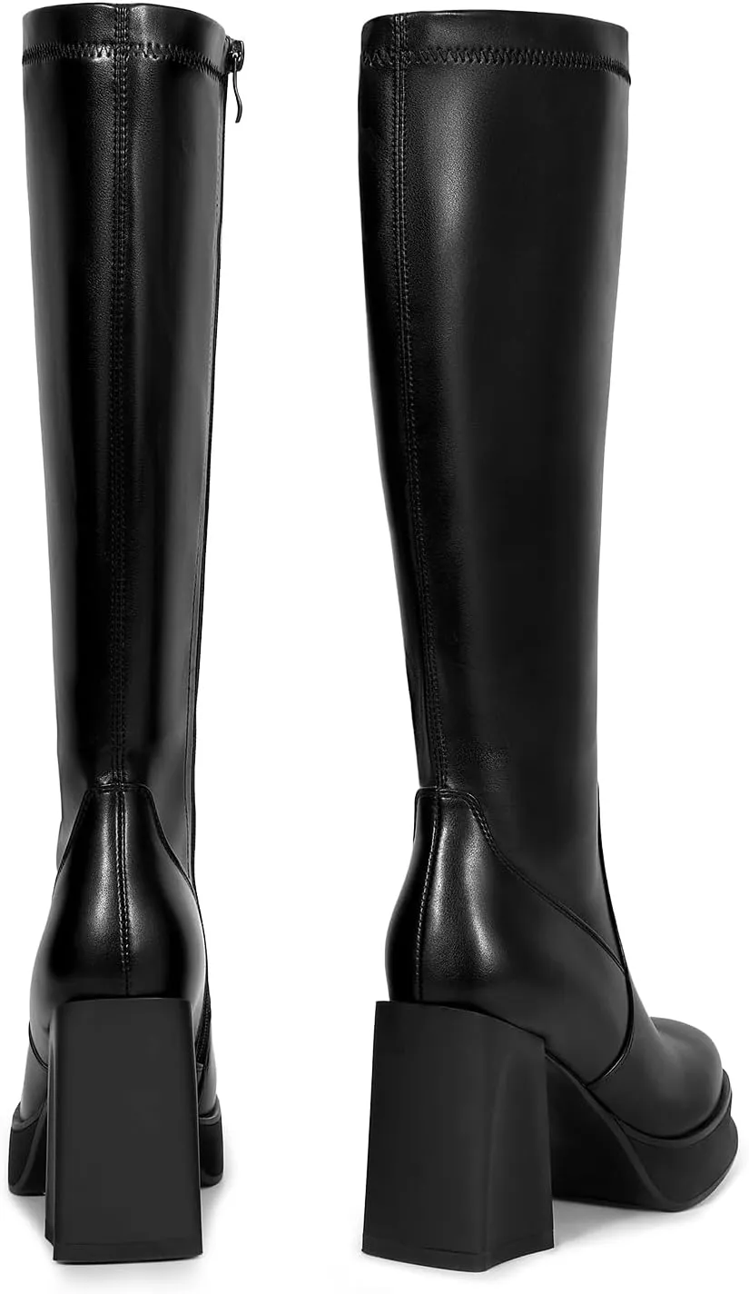 wetkiss Platform Knee High Boots Women Chunky High Heel Black Boots for Women Gogo Boot with Side Zipper Stretchy Boot Not for Bigger Wide Calf
