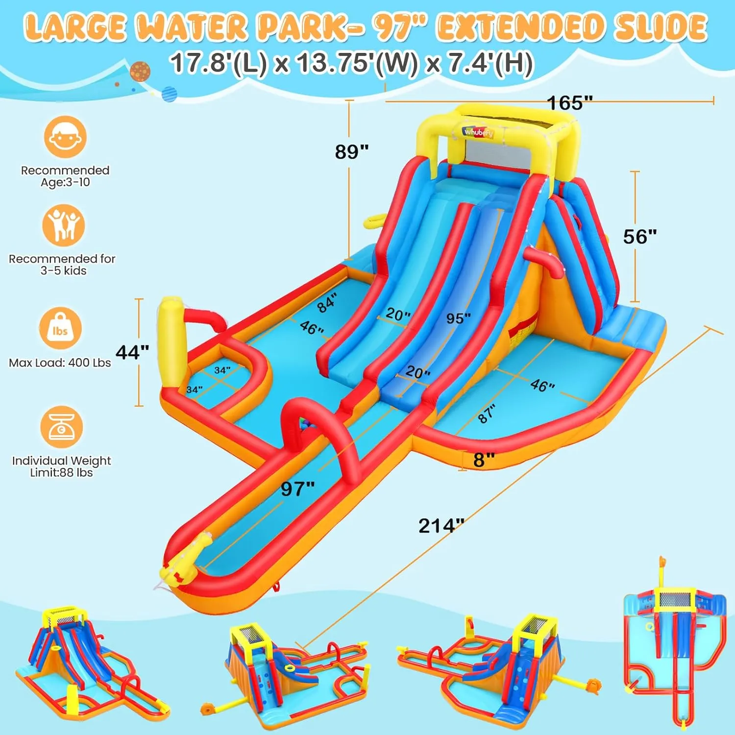 Whubefy 18Ftx14Ft Inflatable Water Slide Park for Kids, Big Waterslide Bounce House with Extra Long Dual Slides, Splash Pool, Deep Pool, 5 Toys, Blow Up Water Slides Inflatables for Kids Backyard Fun