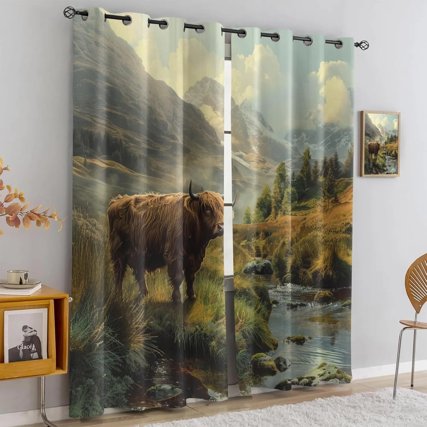 Wild Highland Cattle Curtains Outdoor Natural Scenery Grassland Animals Bedroom Drapes 63 Inch Length Alpine Forest Stream Light Blocking Curtains for Kitchen Office Living Room