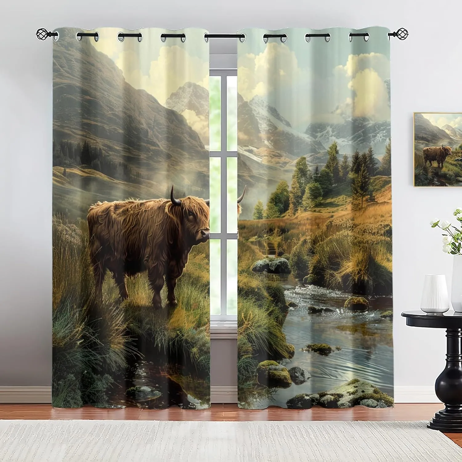 Wild Highland Cattle Curtains Outdoor Natural Scenery Grassland Animals Bedroom Drapes 63 Inch Length Alpine Forest Stream Light Blocking Curtains for Kitchen Office Living Room