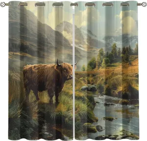 Wild Highland Cattle Curtains Outdoor Natural Scenery Grassland Animals Bedroom Drapes 63 Inch Length Alpine Forest Stream Light Blocking Curtains for Kitchen Office Living Room