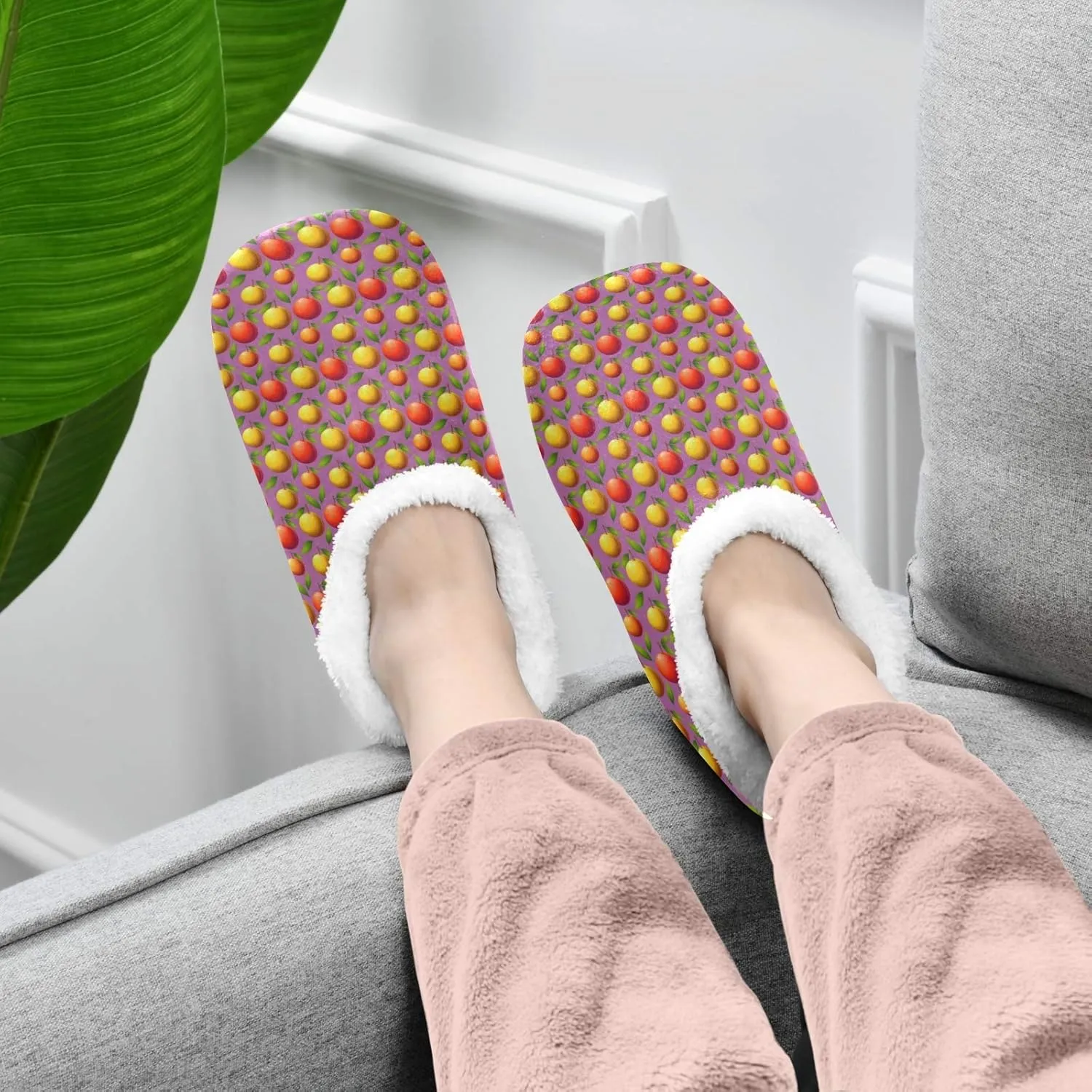 Winter House Slippers for Women/Men with Abstract Fruits Pattern Orange Element Cozy Fleece Slippers