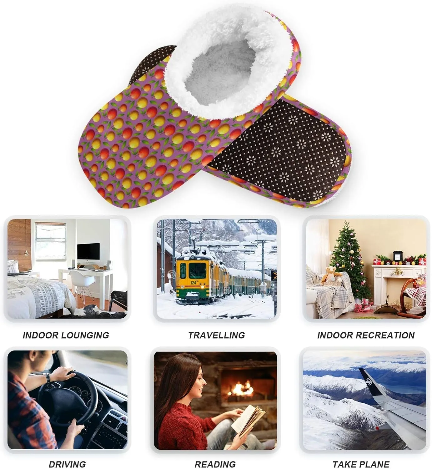Winter House Slippers for Women/Men with Abstract Fruits Pattern Orange Element Cozy Fleece Slippers