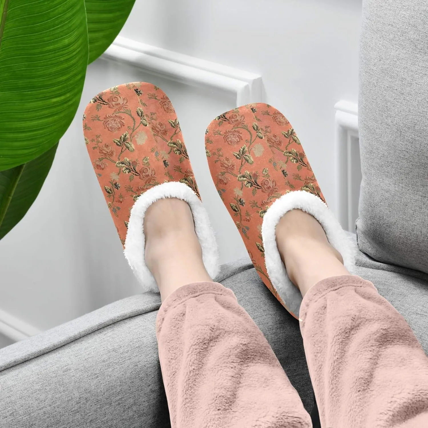 Winter House Slippers for Women/Men with Ancient Fabric Element Cozy Fleece Slippers