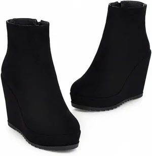 Woman Fashion Wedge Heel Ankle Boots Nubuck leather Platform Zipper Booties