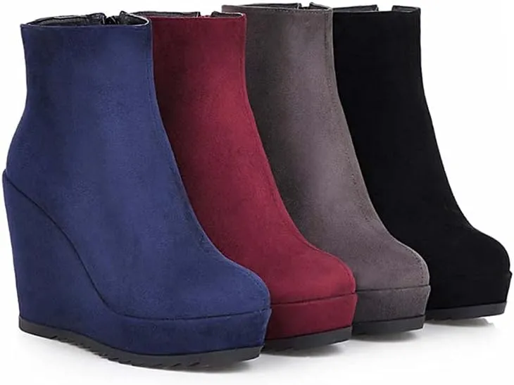 Woman Fashion Wedge Heel Ankle Boots Nubuck leather Platform Zipper Booties