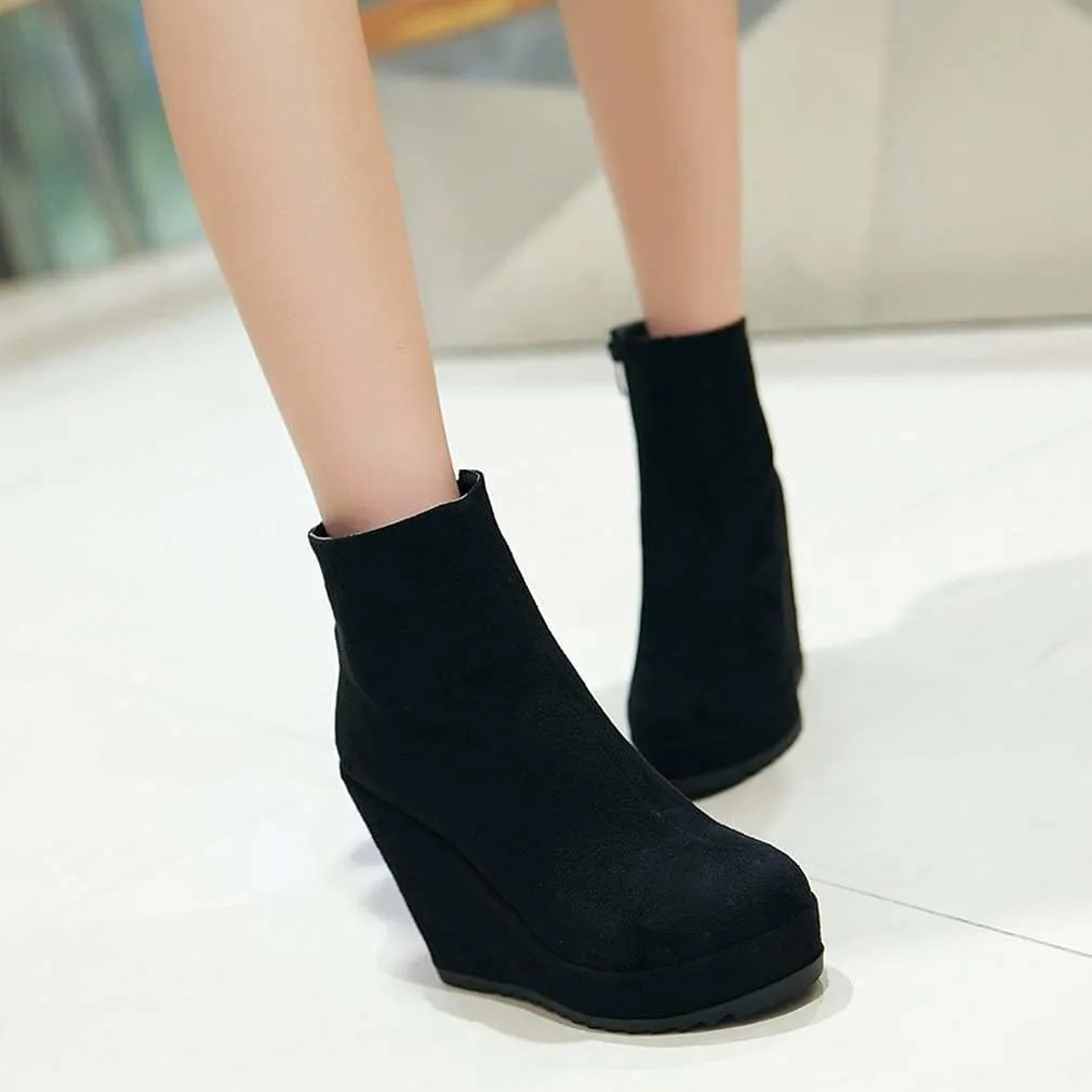 Woman Fashion Wedge Heel Ankle Boots Nubuck leather Platform Zipper Booties