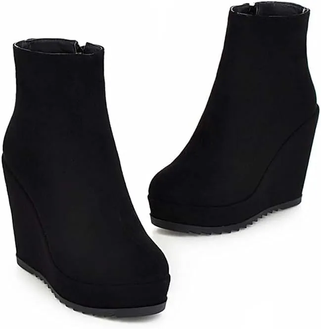 Woman Fashion Wedge Heel Ankle Boots Nubuck leather Platform Zipper Booties